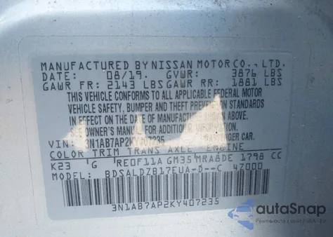 2019 Nissan Sentra Sv z USA, uszkodzony, nr VIN 3N1AB7AP2KY407235